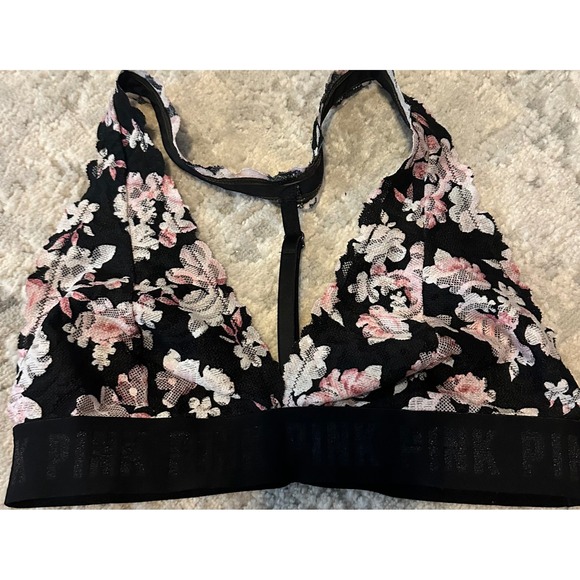 PINK Victoria's Secret Floral Lace Bralette Black Pink Flower Medium M B80 - Picture 1 of 5